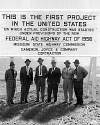 Sign which reads This is the First Project in the United States on which actual construction was started under the provisions of the new Federal Aid Highway Act of 1956. Missouri State Highway Commssion. Cameron, Joyce & Company Contractor.