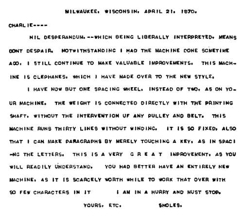 Typewritten Letter from Sholes to Charles Edward Weller, 21 Apr 1870 Typewritten Letter from Sholes to Charles Edward Weller, 21 Apr 1870