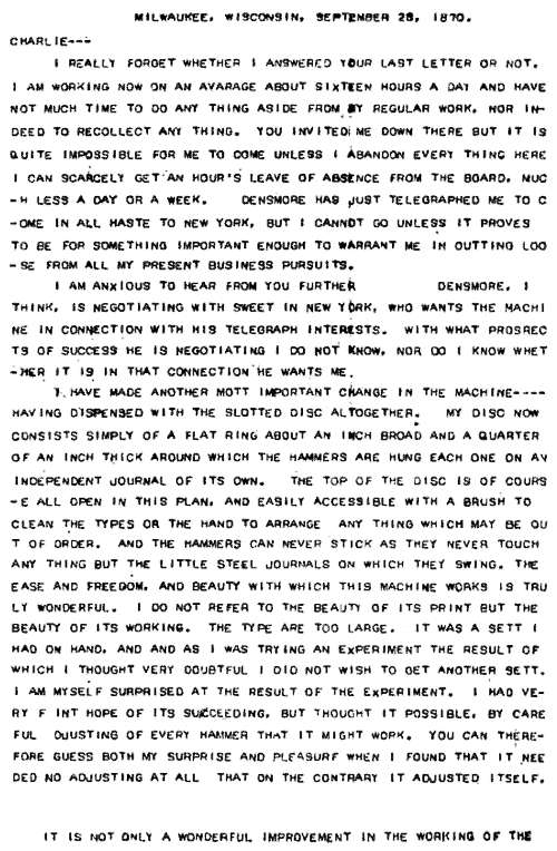 Typewritten Letter from Sholes to Charles Edward Weller, 28 Sep1870 Typewritten Letter from Sholes to Charles Edward Weller, 28 Sep1870