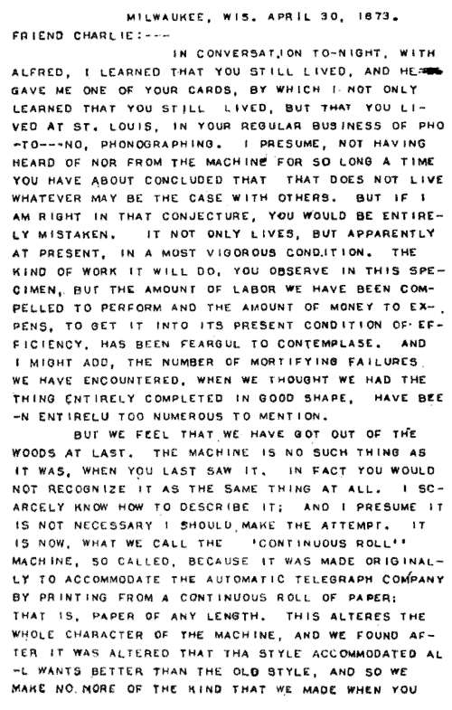 Typewritten Letter from Sholes to Charles Edward Weller, 30 Apr 1873 Typewritten Letter from Sholes to Charles Edward Weller, 30 Apr 1873