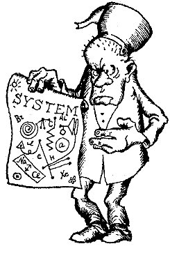 Cartoon of a crackpot (with a kettle on his head) holding up a paper headed as SYSTEM with a jumble of symbols below 
