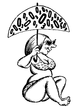 Cartoon of woman in swim suit, seated under an umbrella marked O3 