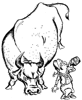 Cartoon of a bullfighter drinking from a jug labelled Water Of Life, while a bull approaching him looks  ready to attack