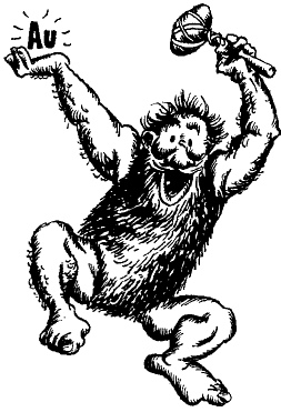 Cartoon of an excited caveman holding up in one hand Au. He is dressed in an animal skin and carrying a stone axe in the other hand.