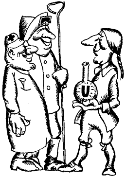 Cartoon of uranium, in a flask labelled with a glowing U, held by a nineteenth century man. He is showing it to a doctor in a white coat and a furnace stoker.